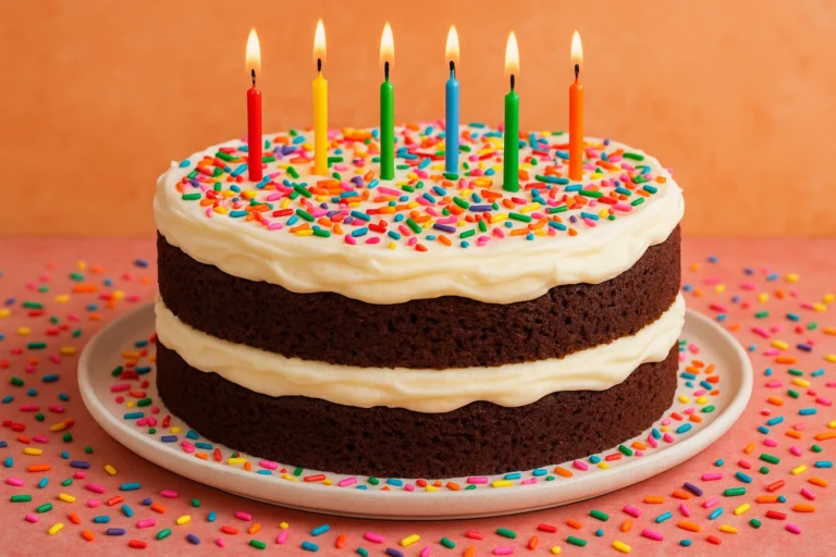 Decadent chocolate cake topped with fluffy whipped cream frosting.