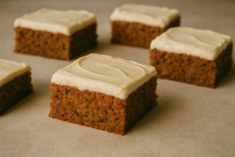 Delicious carrot cake bars topped with creamy cream cheese frosting and garnished with walnuts.