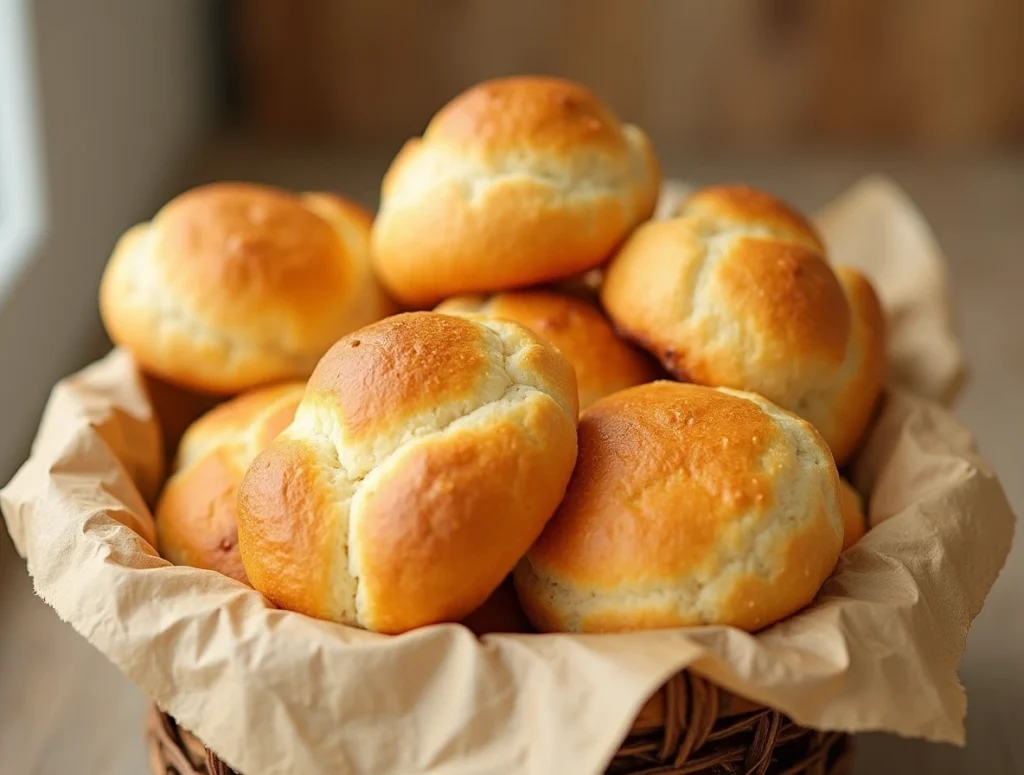 Freshly baked, soft and fluffy bread rolls on a cooling rack.