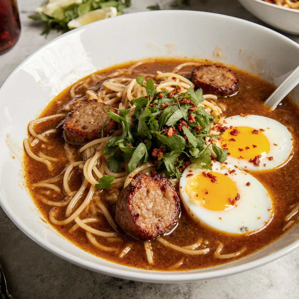 Creamy Spicy Ramen Noodles with Sausage served in a bowl, garnished with green onions and fresh herbs