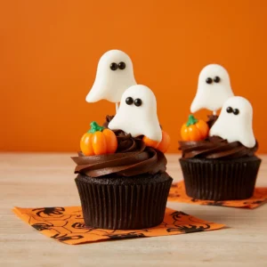 Sugar Ghost Cupcakes decorated for Halloween with spooky frosting and candy eyes
