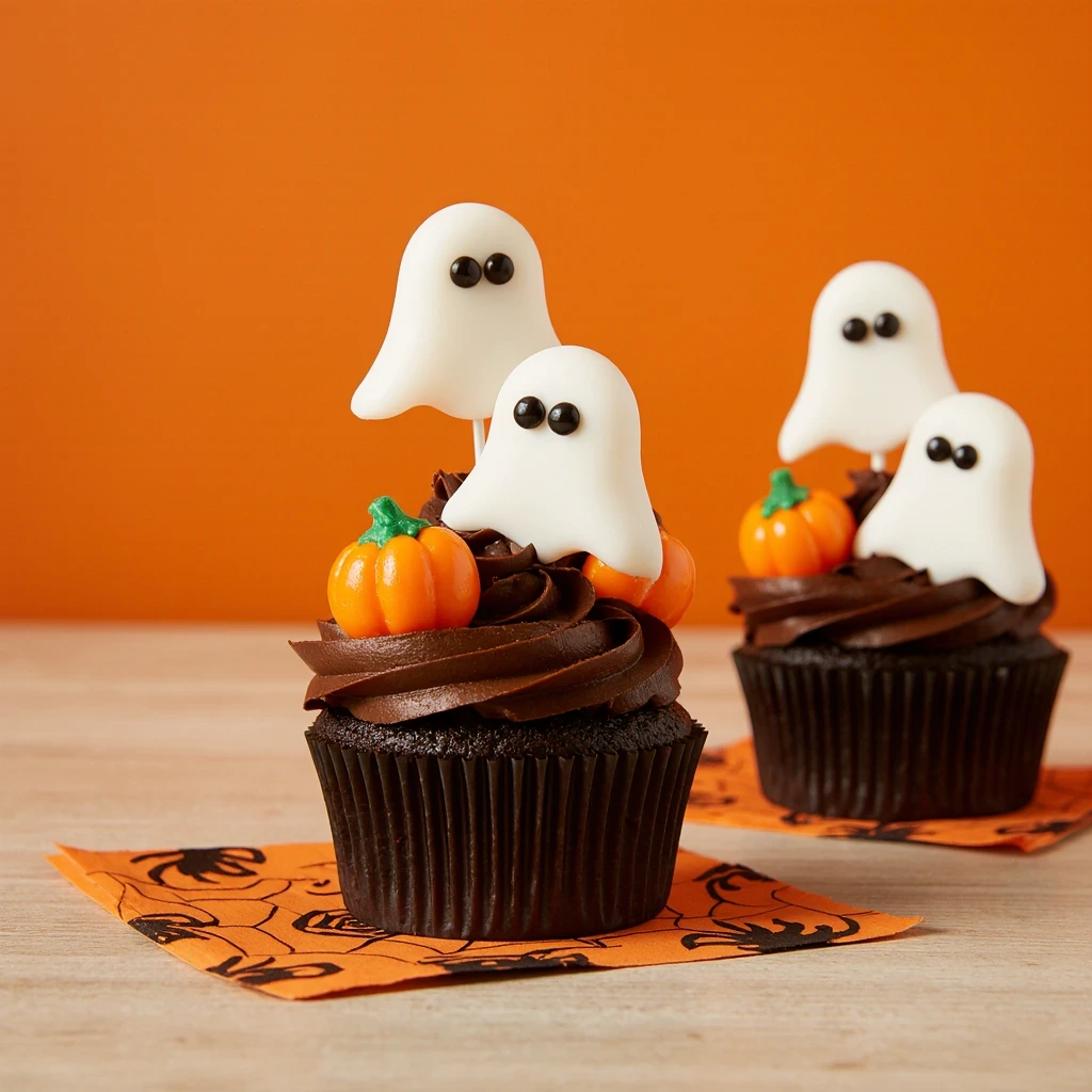 Sugar Ghost Cupcakes decorated for Halloween with spooky frosting and candy eyes