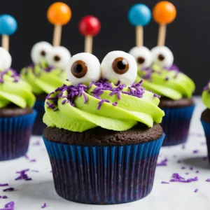 A close-up of spooky Eyes On You Cupcakes with colorful frosting and candy eyeballs, perfect for Halloween desserts and recipes.