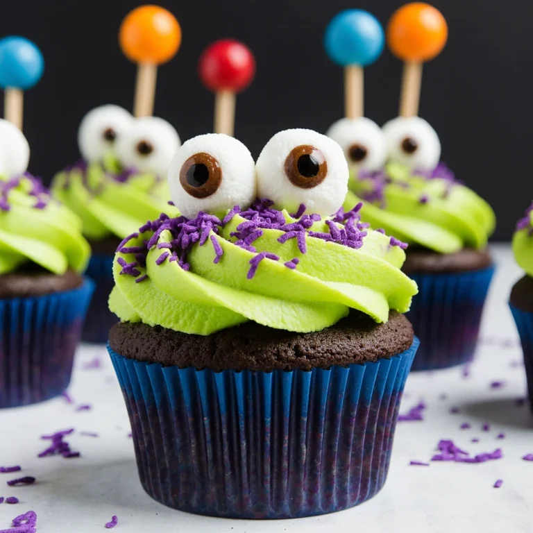A close-up of spooky Eyes On You Cupcakes with colorful frosting and candy eyeballs, perfect for Halloween desserts and recipes.