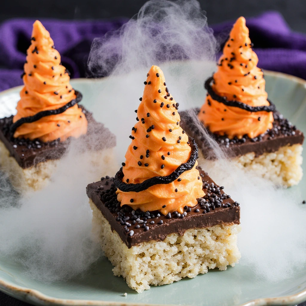 Halloween Rice Krispie Treats ,Halloween Witch Hat Treats made with cookies, chocolate, and candy – fun and easy Halloween dessert recipe.