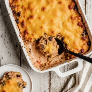 Firecracker Casserole baked in a golden cheesy topping served for dinner