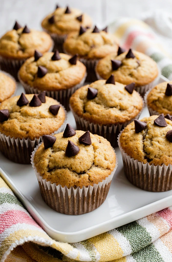 Flourless Pumpkin Chocolate Chip Muffins fresh from the oven with chocolate chips melting